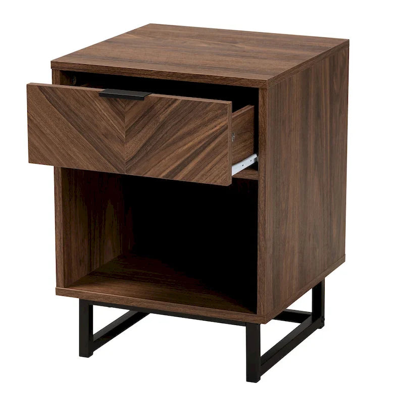 Sadia Contemporary Walnut Brown Wood and Black Metal 1-Drawer Side Table 3
