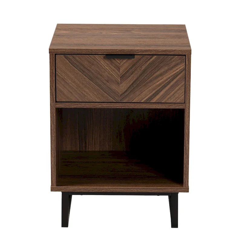 Sadia Contemporary Walnut Brown Wood and Black Metal 1-Drawer Side Table 4