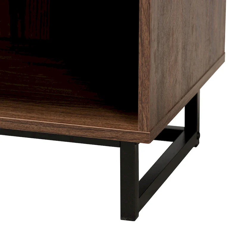 Sadia Contemporary Walnut Brown Wood and Black Metal 1-Drawer Side Table 7