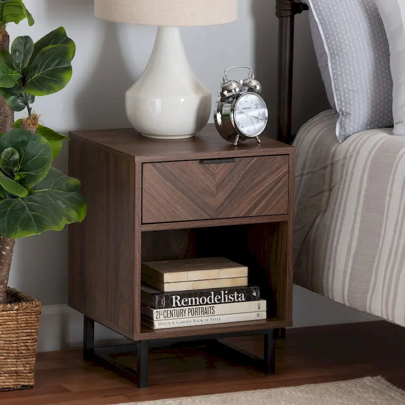 Sadia Contemporary Walnut Brown Wood and Black Metal 1-Drawer Side Table 9