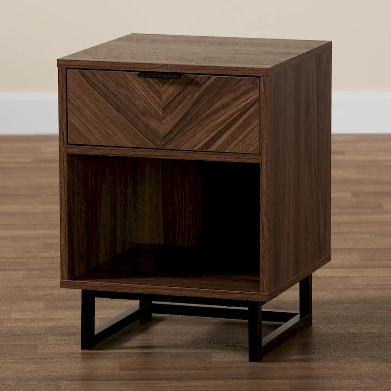 Sadia Contemporary Walnut Brown Wood and Black Metal 1-Drawer Side Table 10