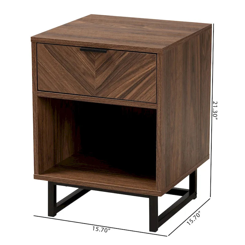 Sadia Contemporary Walnut Brown Wood and Black Metal 1-Drawer Side Table 11