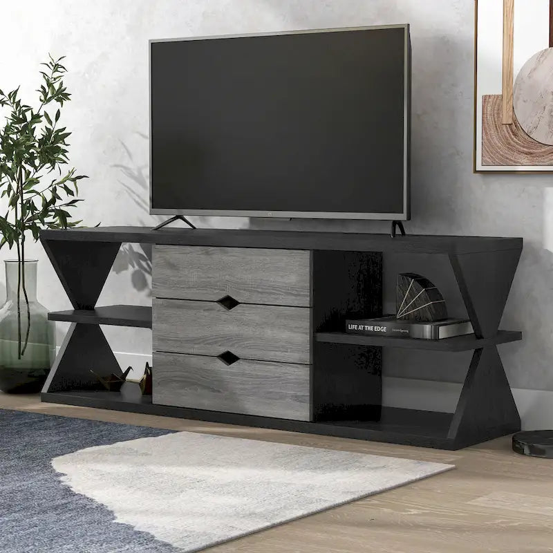 Ayala 60-Inch Modern Black and Distressed Grey TV Console with 4 Shelves and 3 Drawers 1