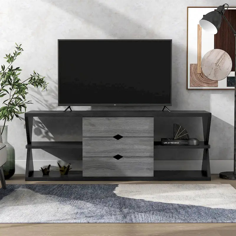 Ayala 60-Inch Modern Black and Distressed Grey TV Console with 4 Shelves and 3 Drawers 2