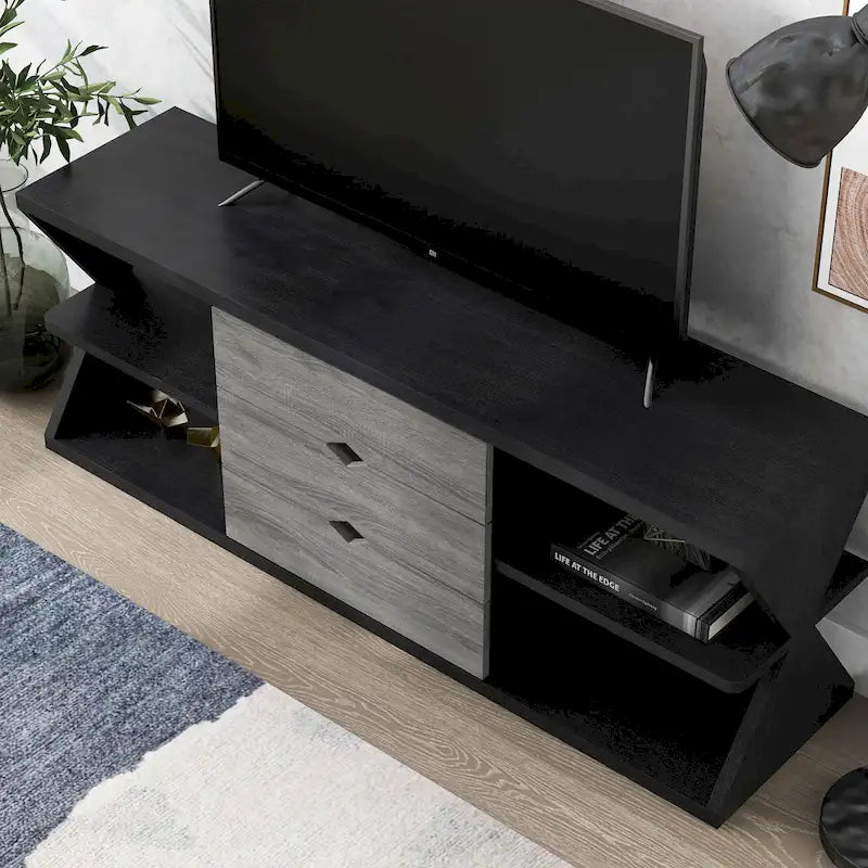 Ayala 60-Inch Modern Black and Distressed Grey TV Console with 4 Shelves and 3 Drawers 3