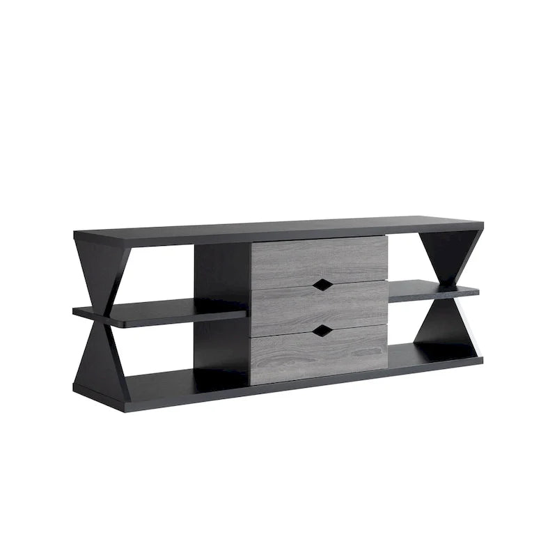 Ayala 60-Inch Modern Black and Distressed Grey TV Console with 4 Shelves and 3 Drawers 4