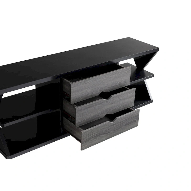 Ayala 60-Inch Modern Black and Distressed Grey TV Console with 4 Shelves and 3 Drawers 7