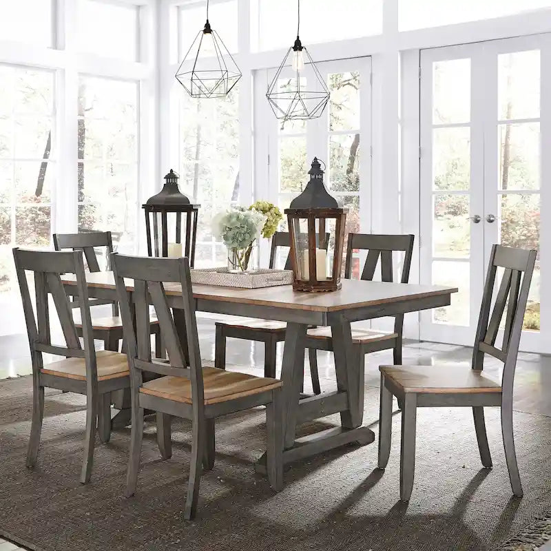 Lindsey Farm 7-Piece Trestle Table Set in Gray and Sandstone 14