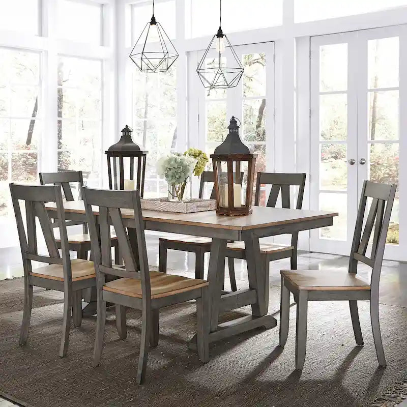 Lindsey Farm 7-Piece Trestle Table Set in Gray and Sandstone 1
