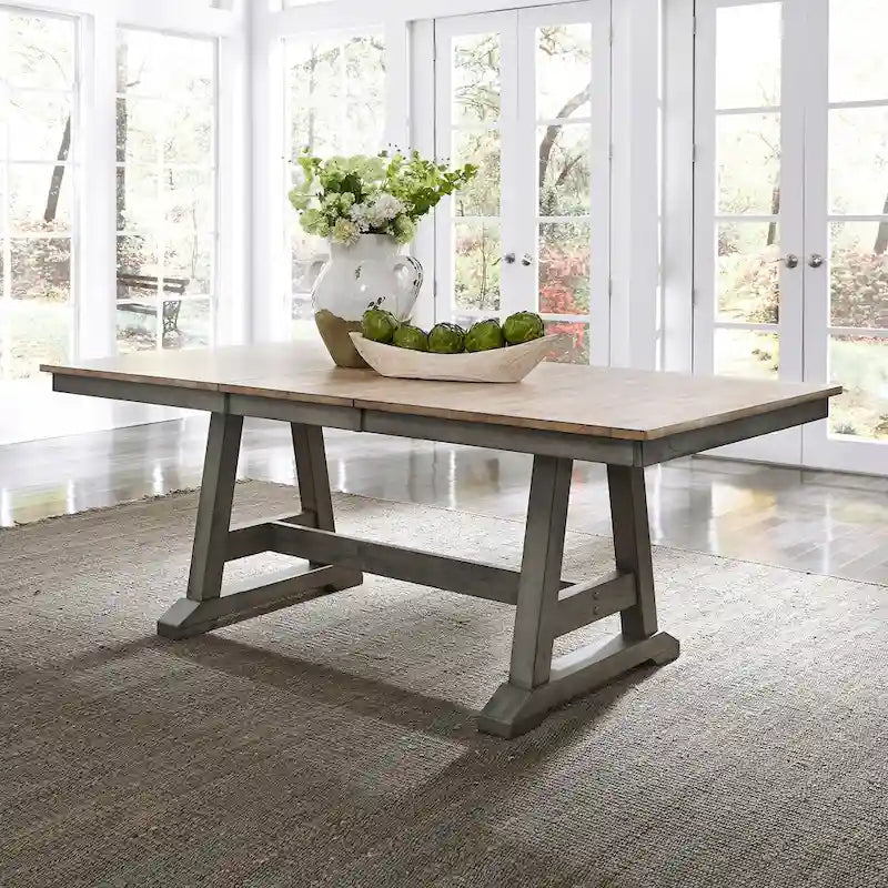 Lindsey Farm 7-Piece Trestle Table Set in Gray and Sandstone 12
