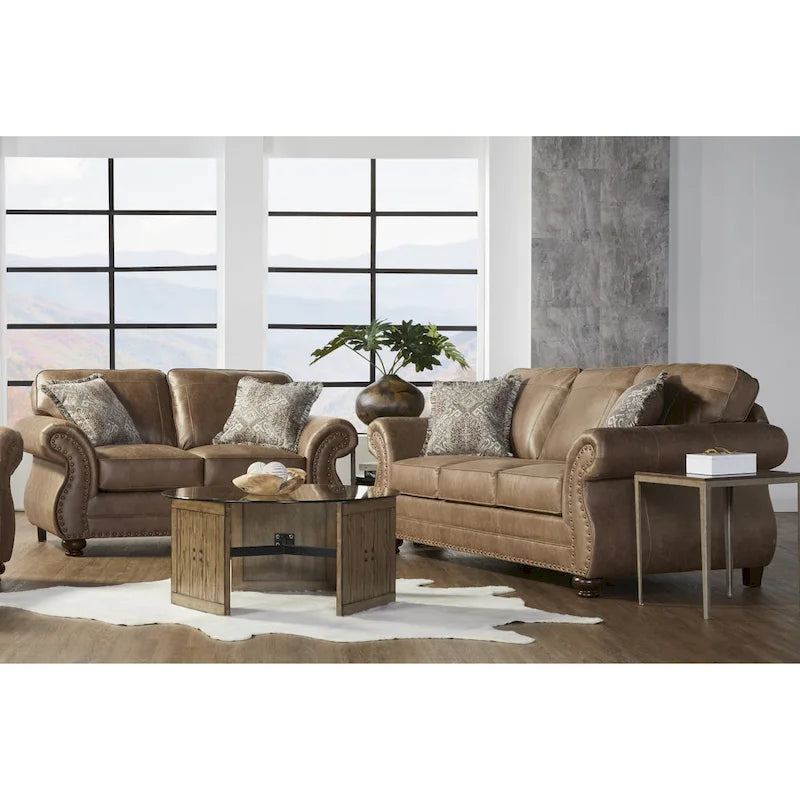 Roundhill Furniture Leinster Brown Fabric Sofa and Loveseat with Nailhead Trim 1