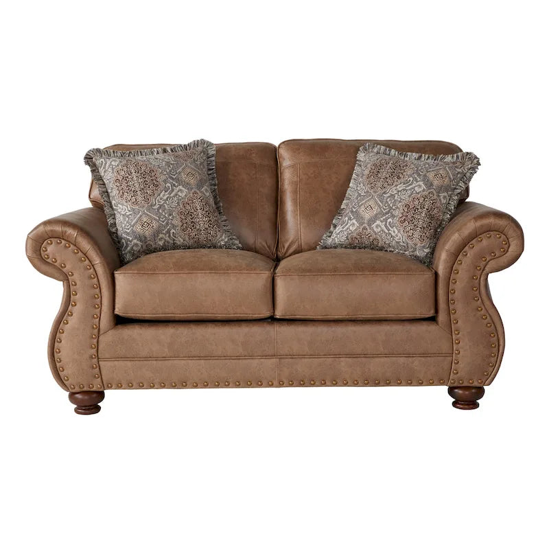 Roundhill Furniture Leinster Brown Fabric Sofa and Loveseat with Nailhead Trim 5
