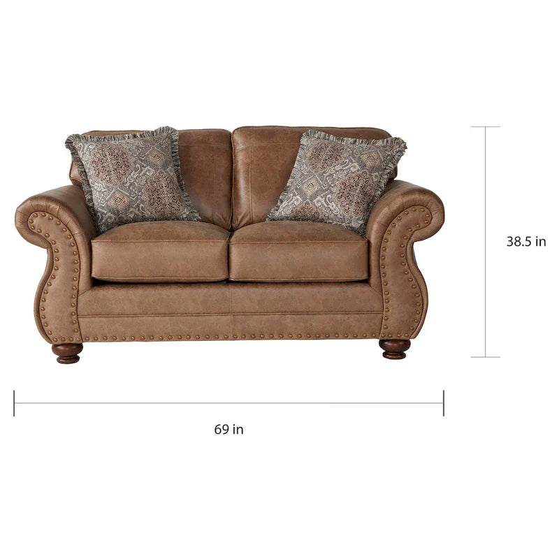 Roundhill Furniture Leinster Brown Fabric Sofa and Loveseat with Nailhead Trim 11