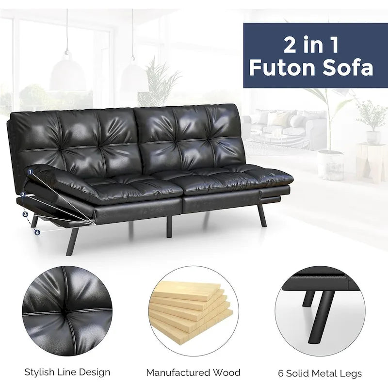 Convertible Futon Sofa Bed with Memory Foam - Foldable Loveseat Sleeper Daybed with Adjustable Armrests for Compact Spaces 2