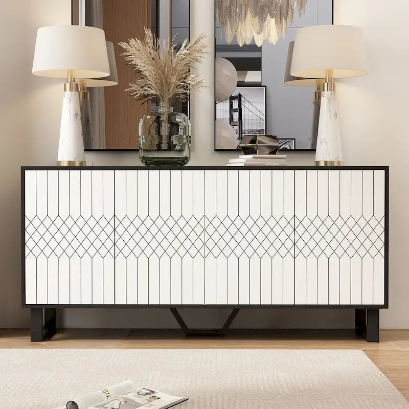 Contemporary 63-Inch Black and White Bookmatched Buffet with 4 Doors - Stylish Sideboard Table 1