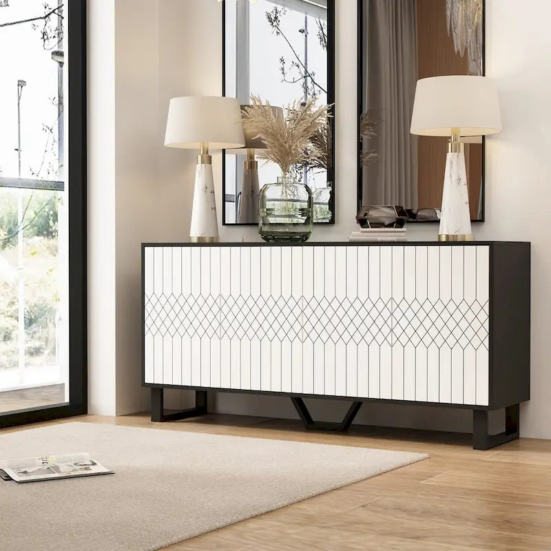 Contemporary 63-Inch Black and White Bookmatched Buffet with 4 Doors - Stylish Sideboard Table 2