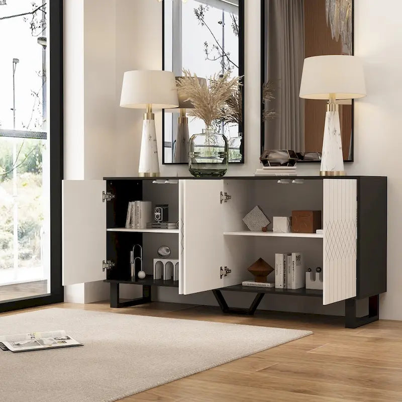 Contemporary 63-Inch Black and White Bookmatched Buffet with 4 Doors - Stylish Sideboard Table 3