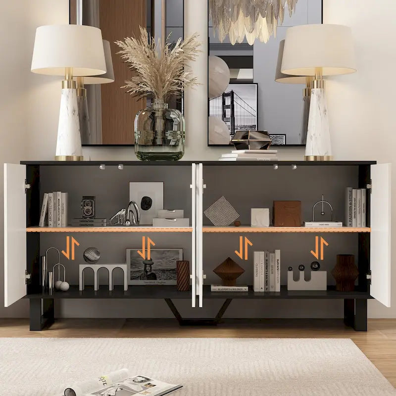Contemporary 63-Inch Black and White Bookmatched Buffet with 4 Doors - Stylish Sideboard Table 4