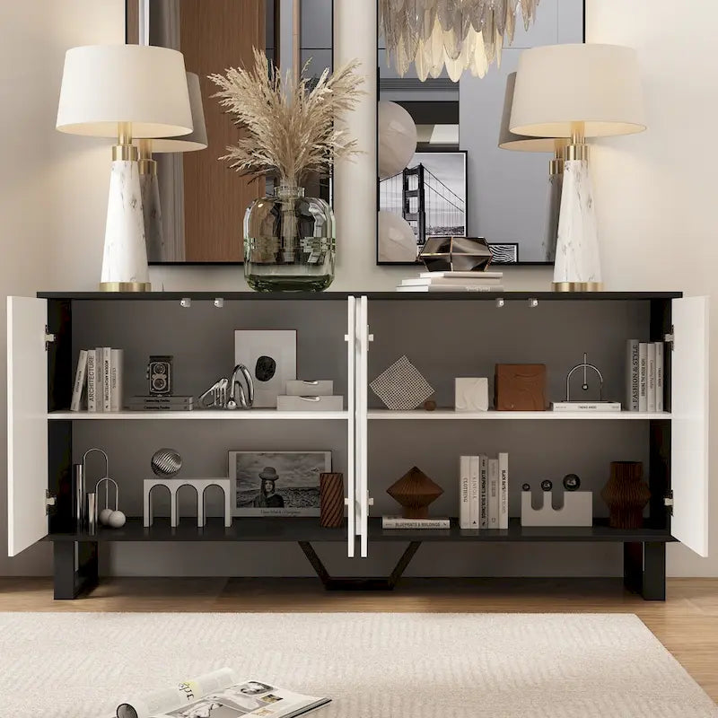 Contemporary 63-Inch Black and White Bookmatched Buffet with 4 Doors - Stylish Sideboard Table 5