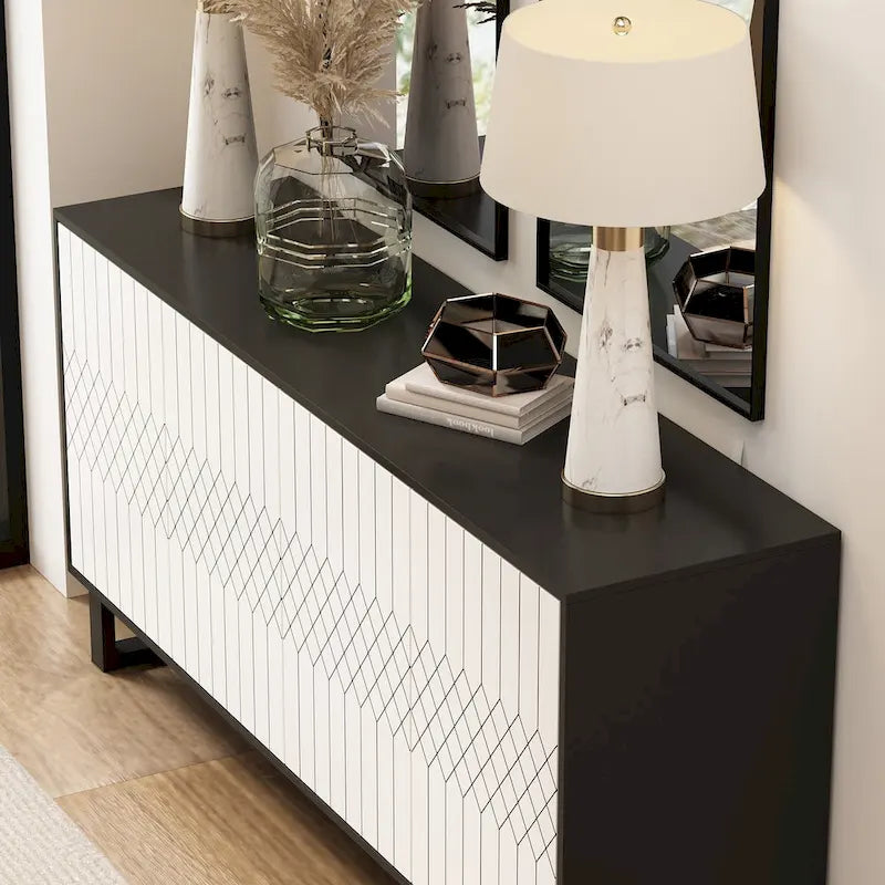 Contemporary 63-Inch Black and White Bookmatched Buffet with 4 Doors - Stylish Sideboard Table 10