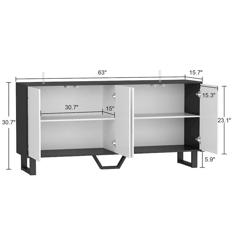 Contemporary 63-Inch Black and White Bookmatched Buffet with 4 Doors - Stylish Sideboard Table 11