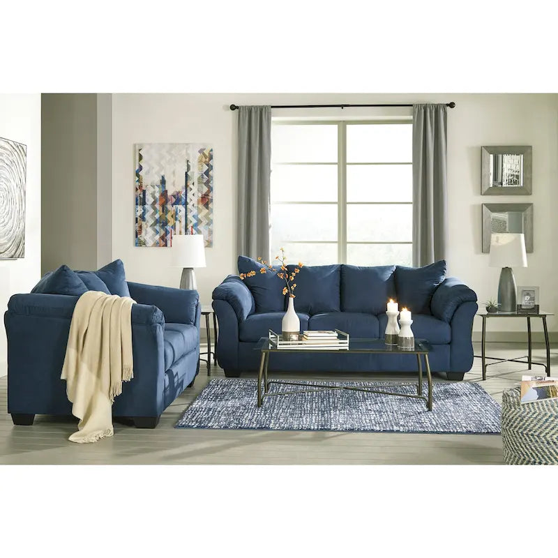 Aruca Navy Blue Microfiber Sofa and Loveseat Set with Pillow Back 1