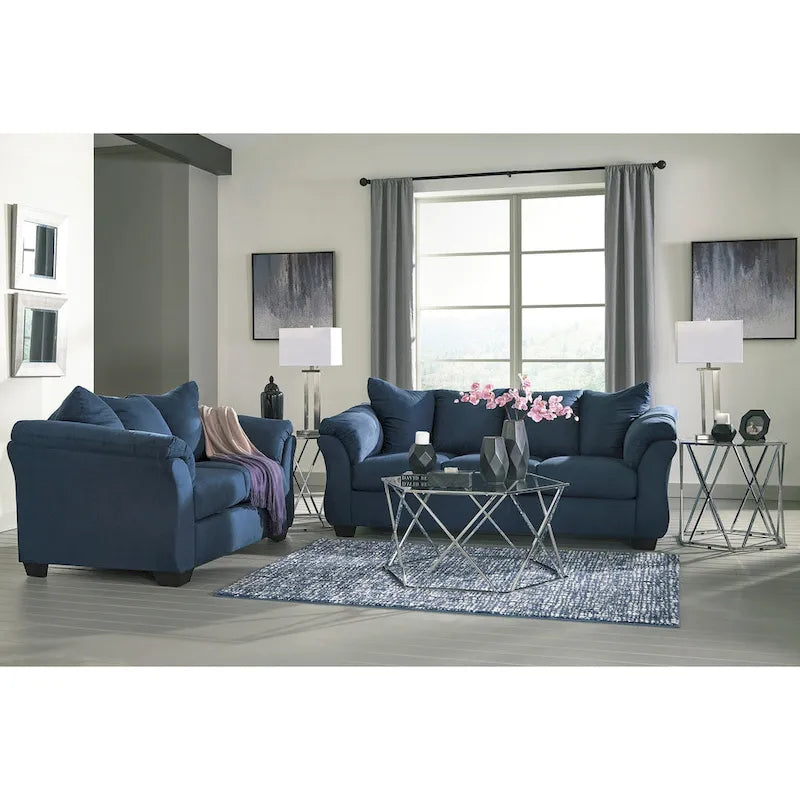 Aruca Navy Blue Microfiber Sofa and Loveseat Set with Pillow Back 2