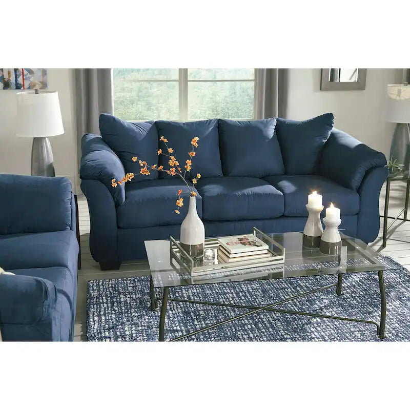 Aruca Navy Blue Microfiber Sofa and Loveseat Set with Pillow Back 3