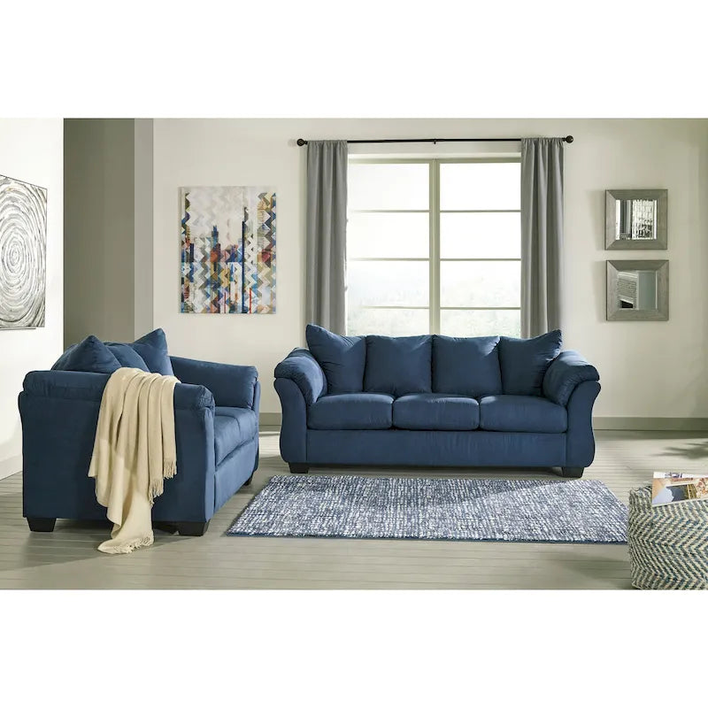 Aruca Navy Blue Microfiber Sofa and Loveseat Set with Pillow Back 4
