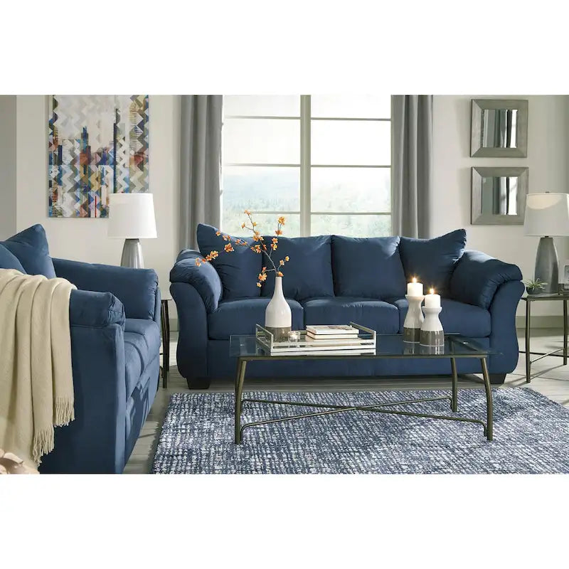 Aruca Navy Blue Microfiber Sofa and Loveseat Set with Pillow Back 6