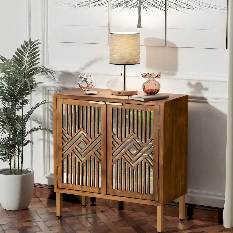 COZAYH Rustic Farmhouse Accent Cabinet with Geometric Mirror Fronts 7