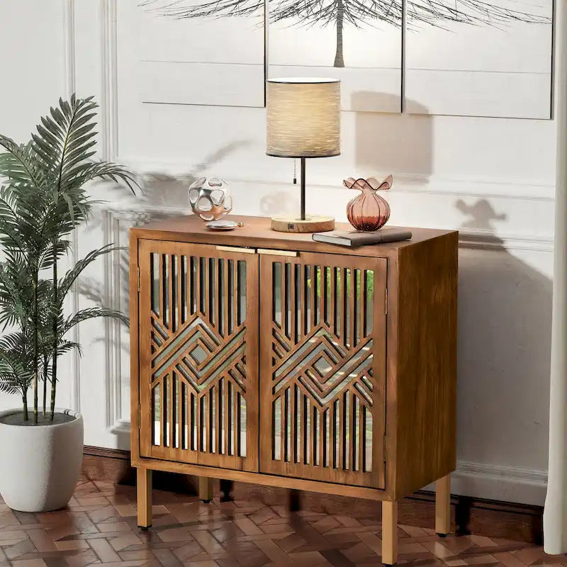 COZAYH Rustic Farmhouse Accent Cabinet with Geometric Mirror Fronts 1