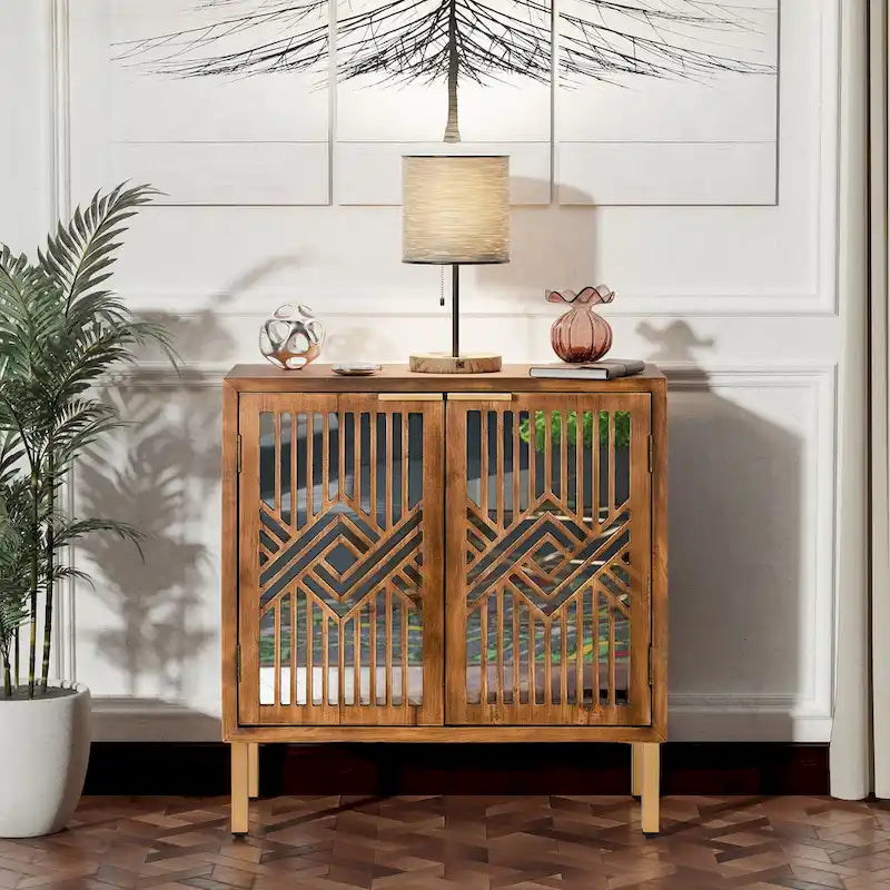 COZAYH Rustic Farmhouse Accent Cabinet with Geometric Mirror Fronts 2