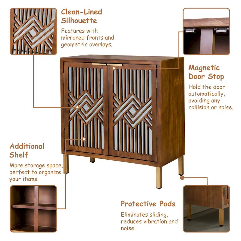 COZAYH Rustic Farmhouse Accent Cabinet with Geometric Mirror Fronts 5