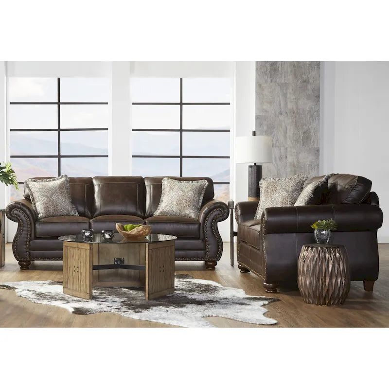 Roundhill Furniture Leinster Espresso Fabric Upholstered Sofa and Loveseat Set with Nailhead Trim 1