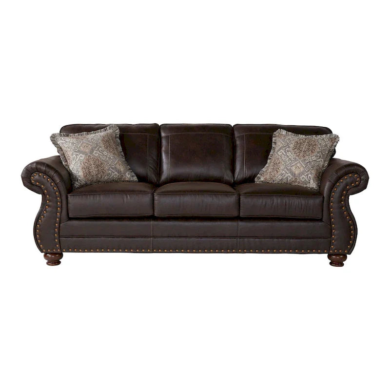Roundhill Furniture Leinster Espresso Fabric Upholstered Sofa and Loveseat Set with Nailhead Trim 2