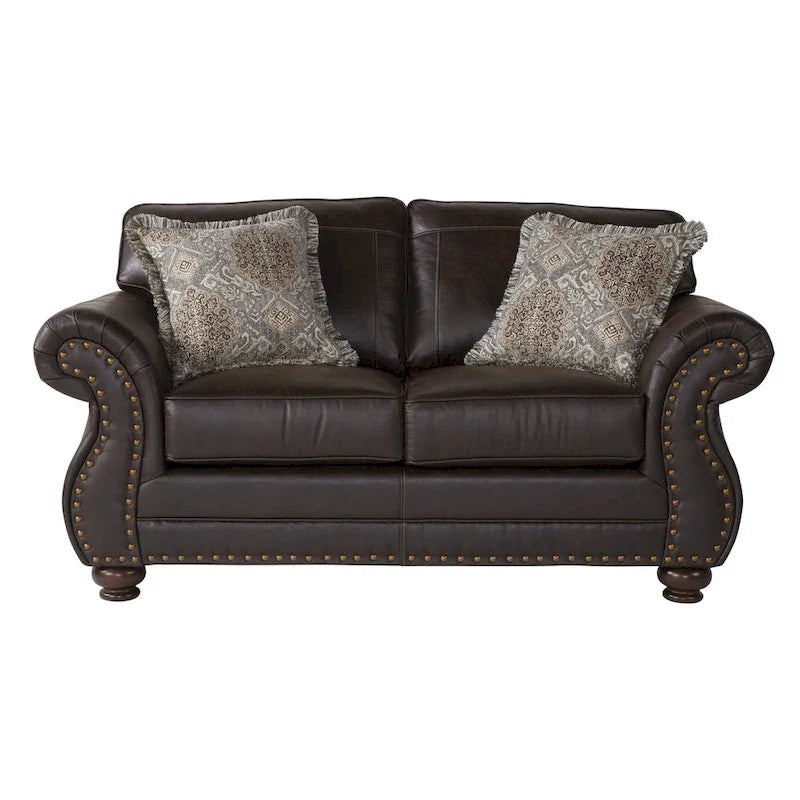 Roundhill Furniture Leinster Espresso Fabric Upholstered Sofa and Loveseat Set with Nailhead Trim 5