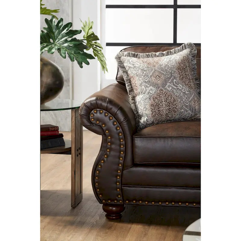Roundhill Furniture Leinster Espresso Fabric Upholstered Sofa and Loveseat Set with Nailhead Trim 6