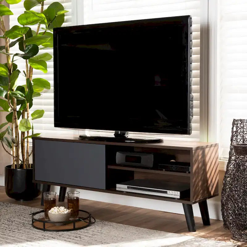 Two-Tone Walnut Brown and Grey Wood TV Stand - Mallory Collection 1