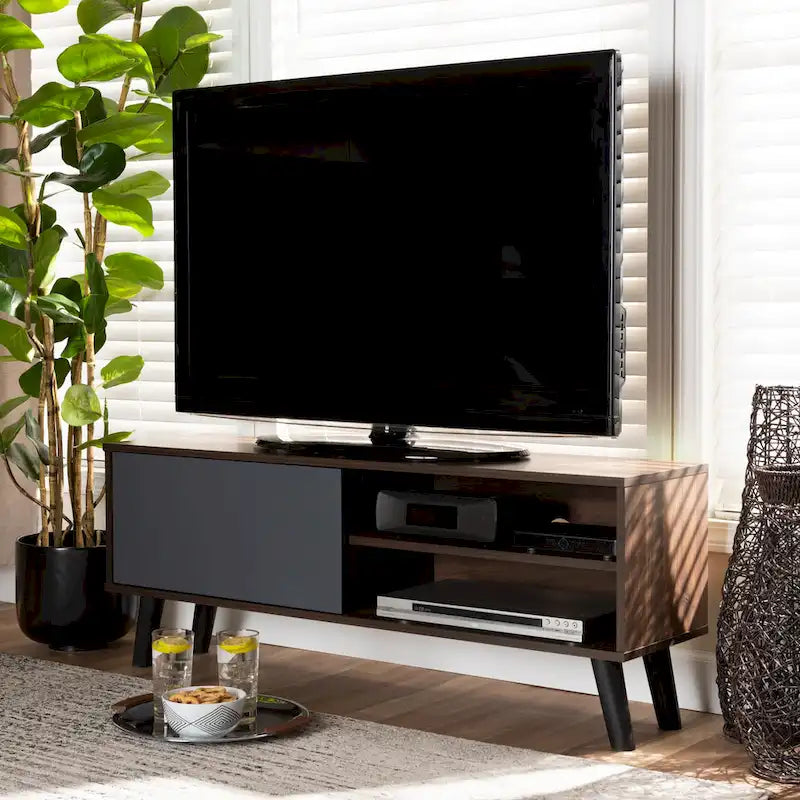 Two-Tone Walnut Brown and Grey Wood TV Stand - Mallory Collection 7