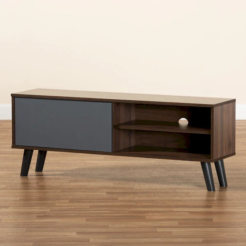 Two-Tone Walnut Brown and Grey Wood TV Stand - Mallory Collection 8