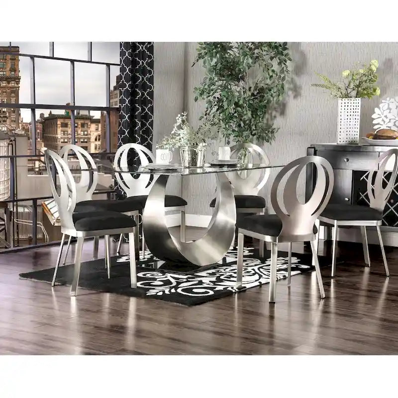 Glass Dining Table Set with 6 Upholstered Chairs and Metal Base