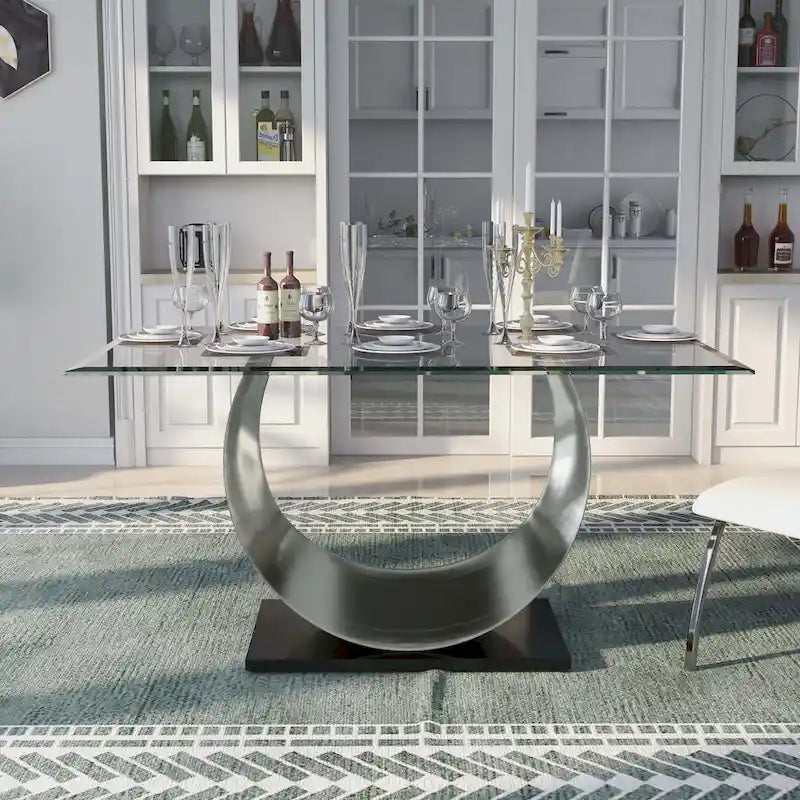 Glass Dining Table Set with 6 Upholstered Chairs and Metal Base 3