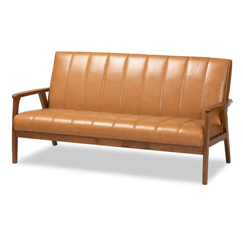 Nikko Tan Faux Leather Sofa with Walnut-Finished Wood Accents 11