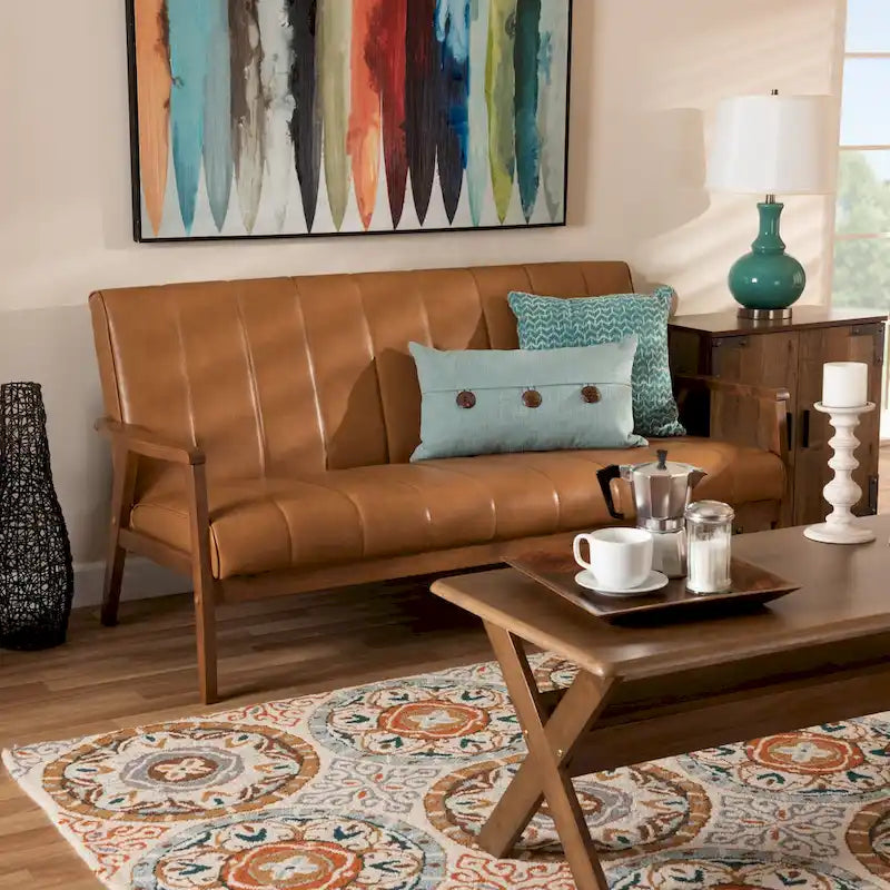 Nikko Tan Faux Leather Sofa with Walnut-Finished Wood Accents 1