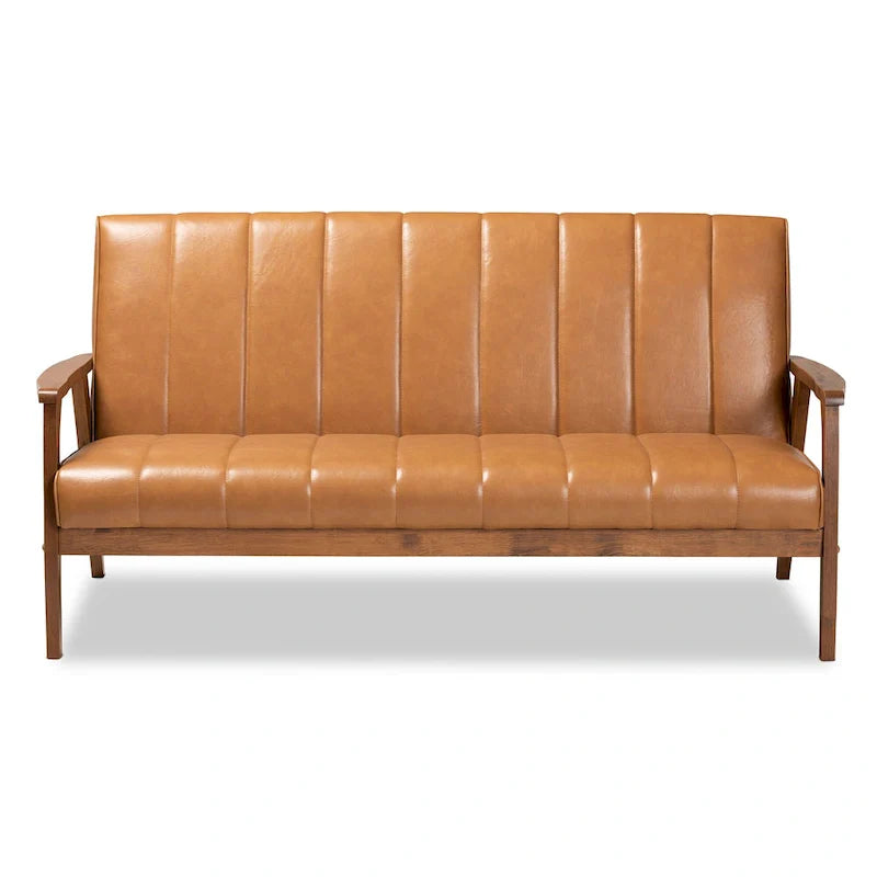 Nikko Tan Faux Leather Sofa with Walnut-Finished Wood Accents 3
