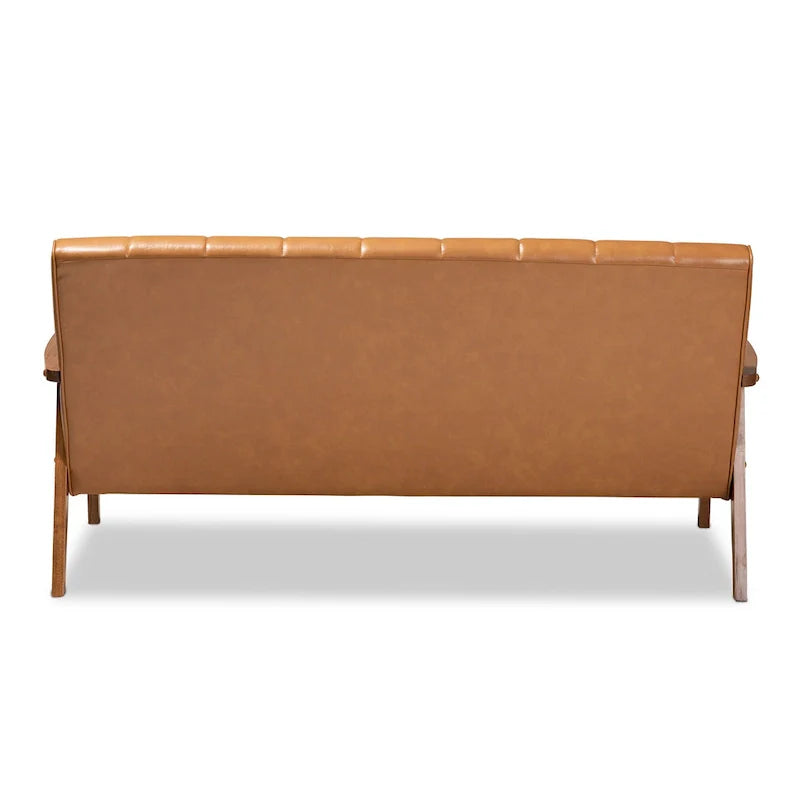 Nikko Tan Faux Leather Sofa with Walnut-Finished Wood Accents 5