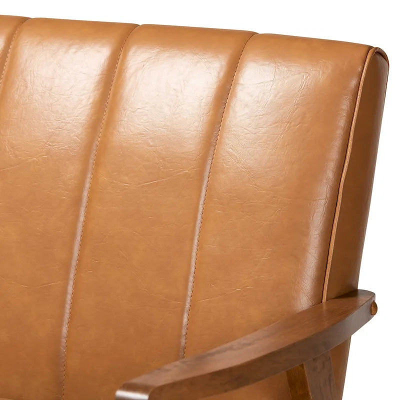 Nikko Tan Faux Leather Sofa with Walnut-Finished Wood Accents 6