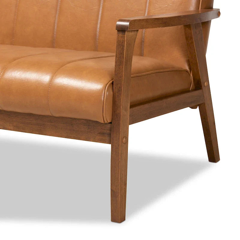 Nikko Tan Faux Leather Sofa with Walnut-Finished Wood Accents 7