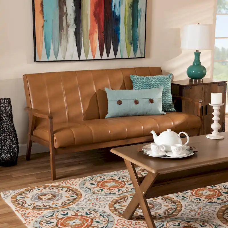 Nikko Tan Faux Leather Sofa with Walnut-Finished Wood Accents 8